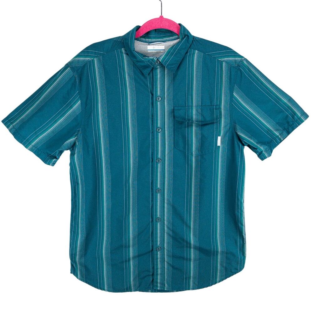 Columbia Fishing Shirt Men's Medium Vented Nylon Short Sleeve Green Striped Logo